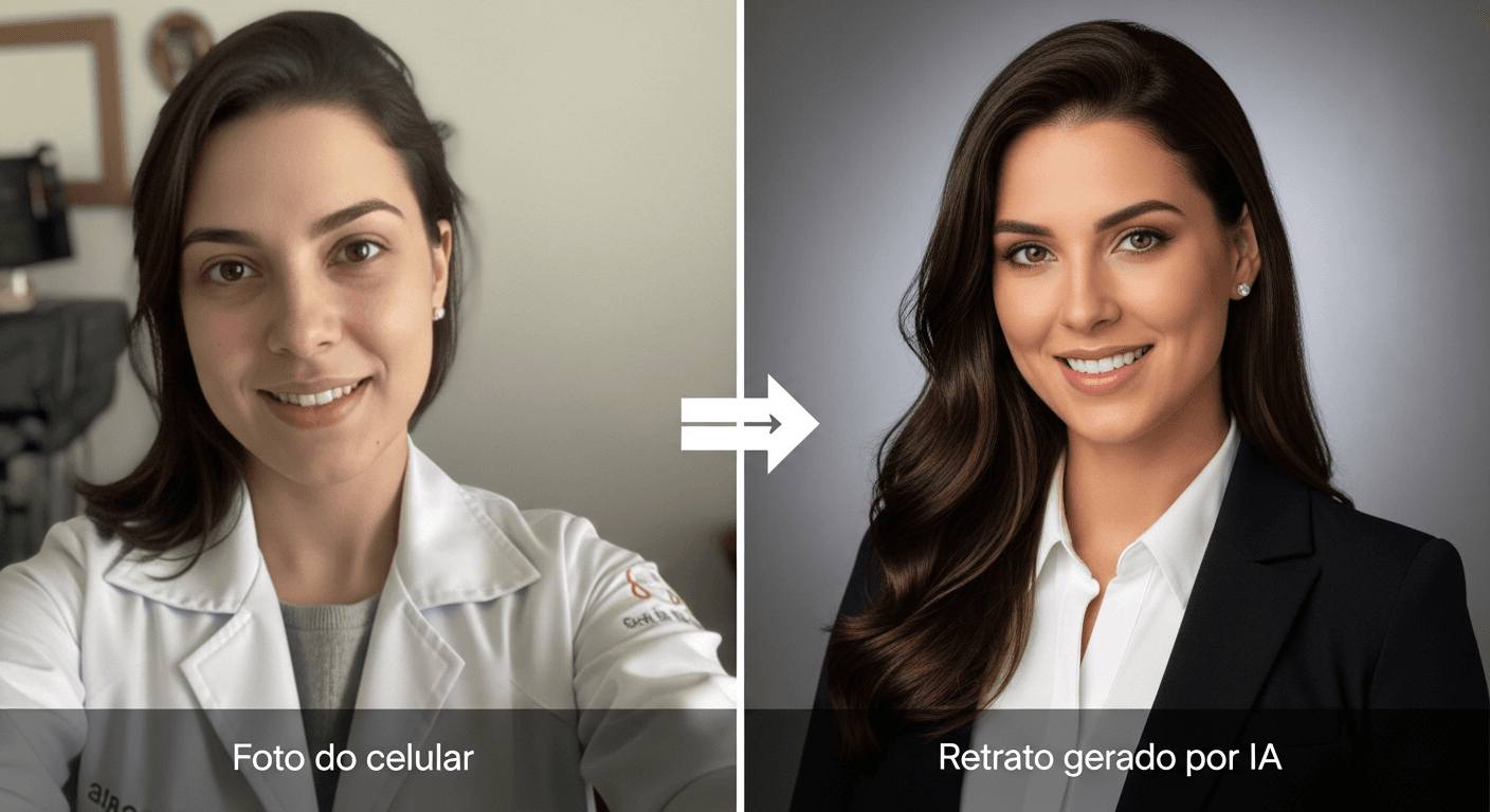 Comparativo: foto do celular vs retrato profissional gerado por I.A.