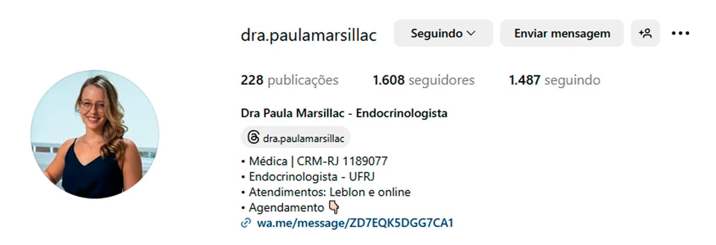 Print do perfil da Dra. Paula Marsillac no Instagram em 28 de março de 2025, com 1.608 seguidores