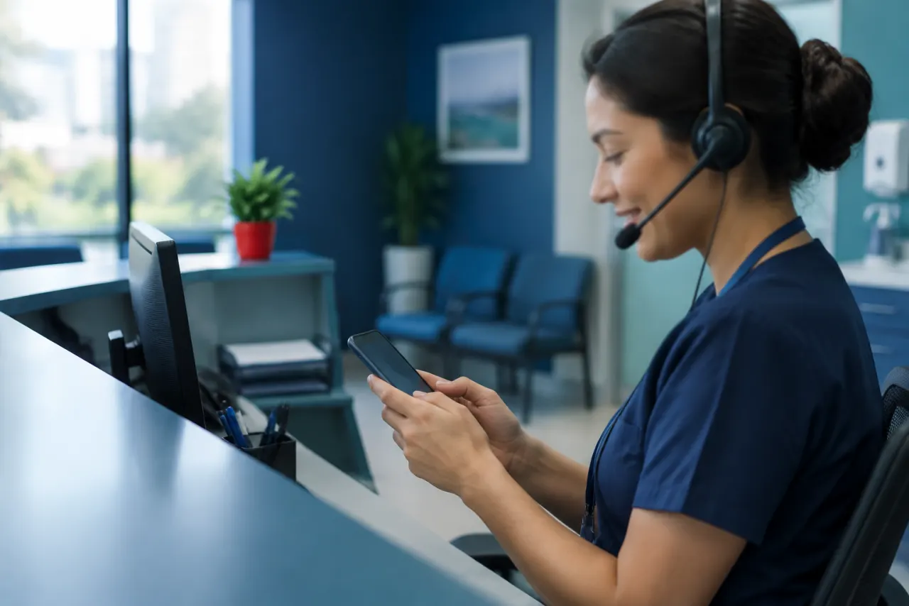 Secretária de consultório atendendo um paciente pelo celular