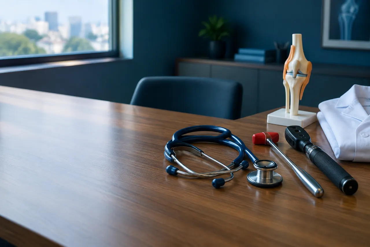 Jalecos e instrumentos de diferentes especialidades médicas sobre uma mesa