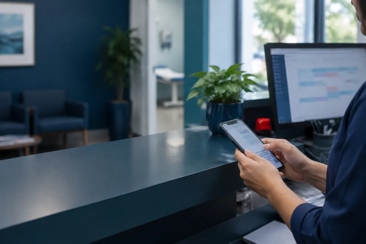 Recepcionista de clínica respondendo uma mensagem no celular