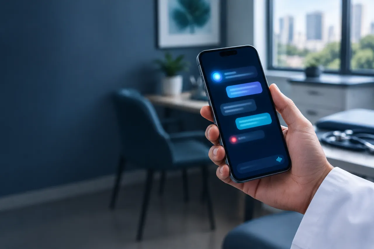 Mão segurando um celular com uma conversa com um assistente de IA