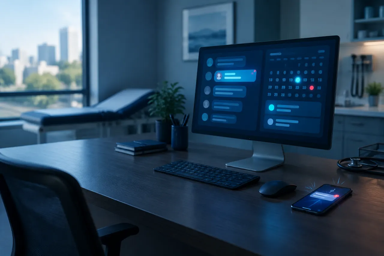Tela de computador com um painel de atendimento automatizado numa clínica