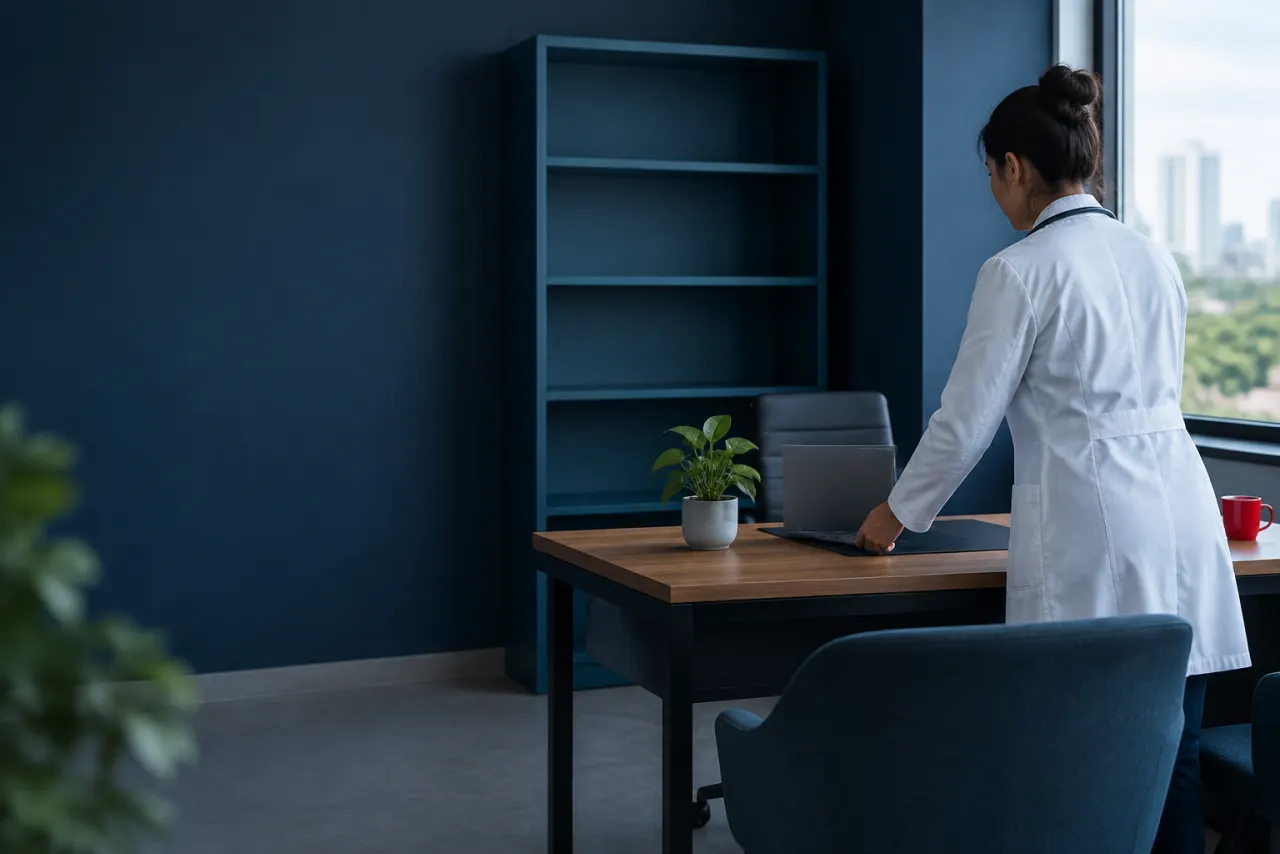 Médica jovem organizando a mesa de um consultório novo