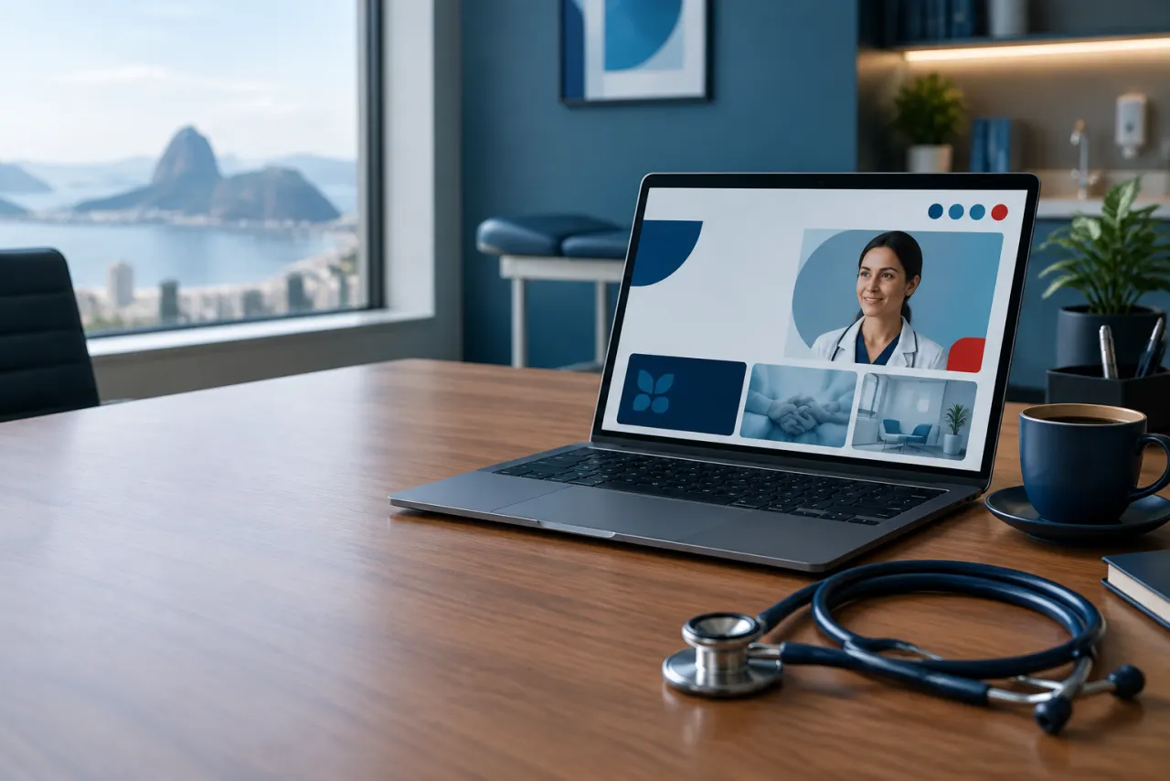 Notebook mostrando o site de uma clínica sobre uma mesa de consultório