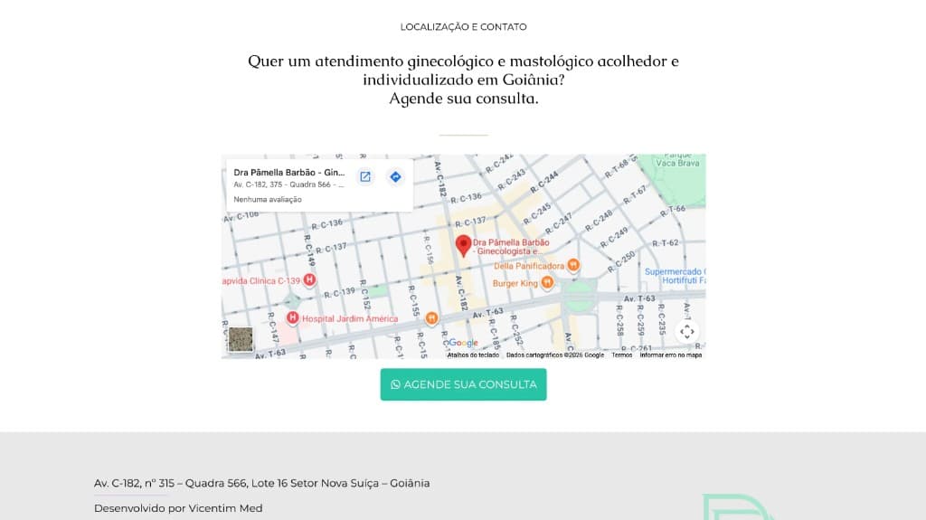 Seção de localização com mapa e botão de WhatsApp