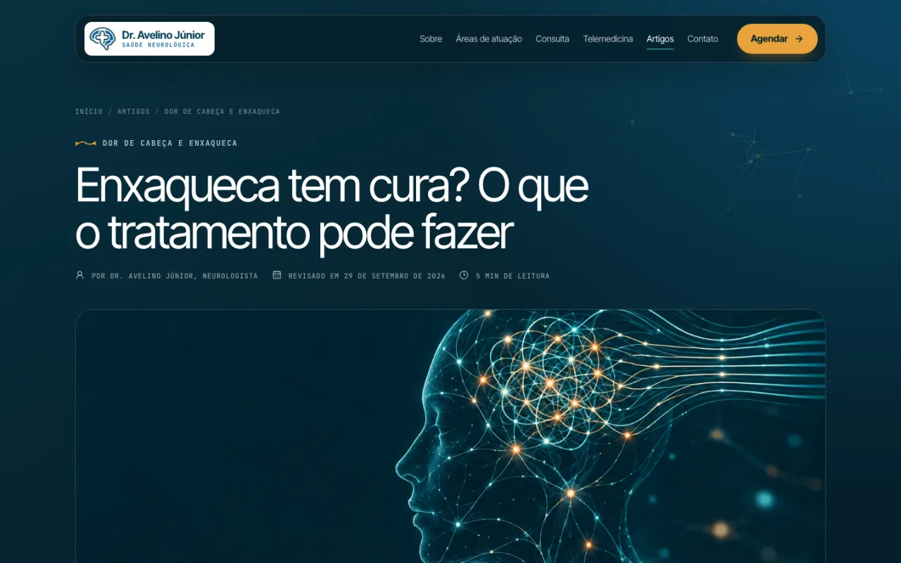 Página "Enxaqueca tem cura?" no site do Dr. Avelino Júnior