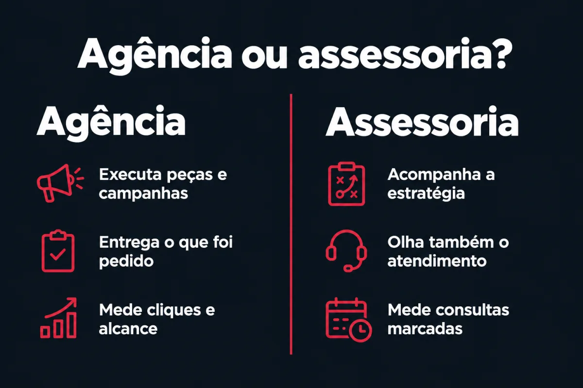 Comparação. Agência: executa peças e campanhas, entrega o que foi pedido, mede cliques e alcance. Assessoria: acompanha a estratégia, olha também o atendimento, mede consultas marcadas.