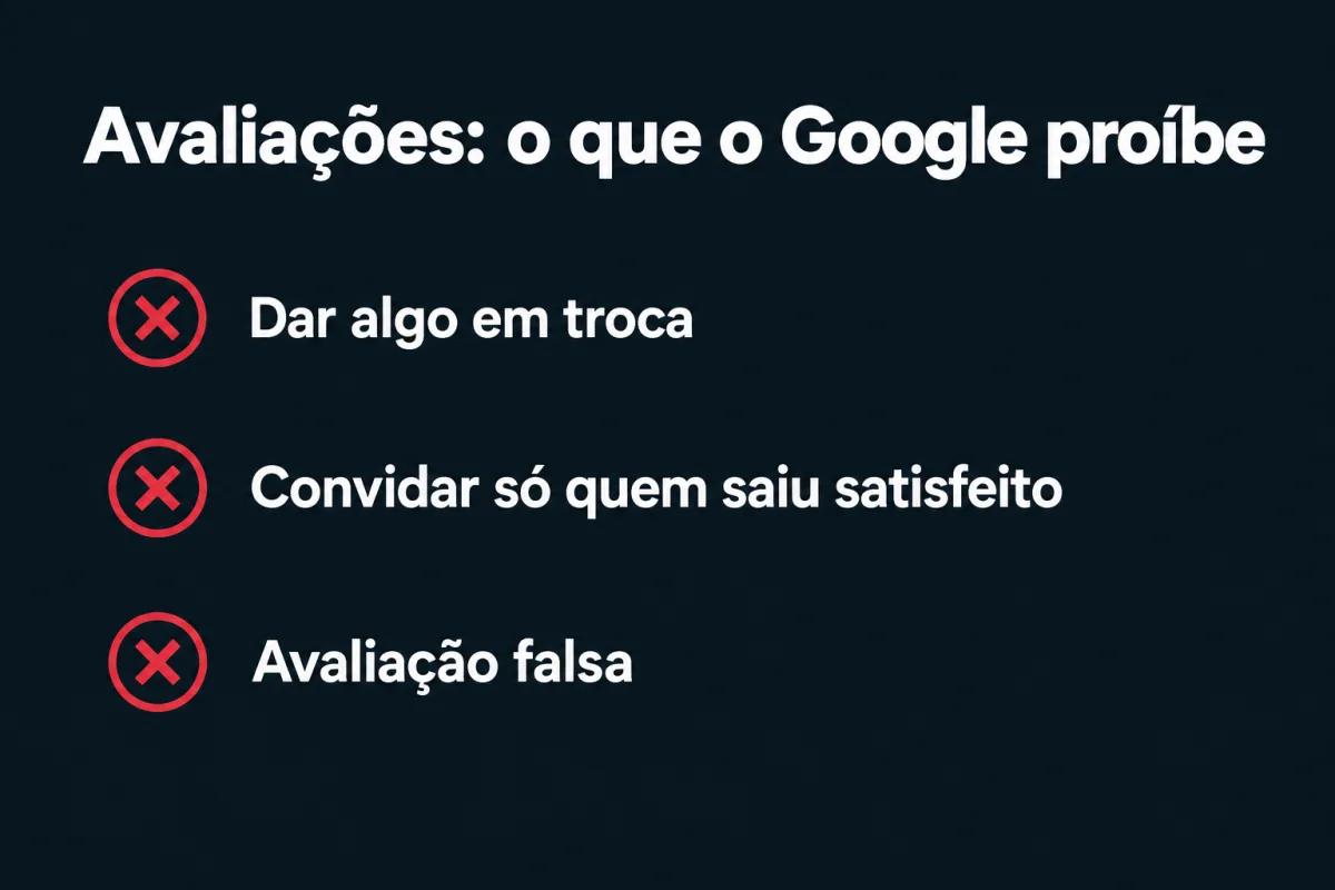 Avaliações, o que o Google proíbe: dar algo em troca, convidar só quem saiu satisfeito e avaliação falsa.
