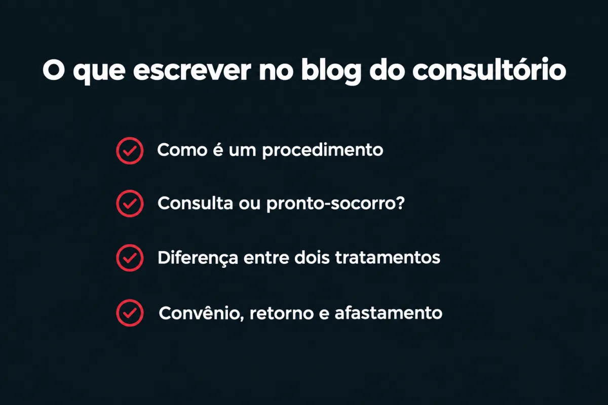O que escrever no blog do consultório: como é um procedimento; quando é caso de consulta ou de pronto-socorro; a diferença entre dois tratamentos; convênio, retorno e afastamento.