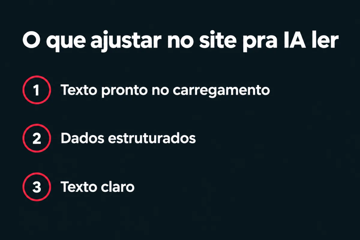 O que ajustar no site pra IA ler, em três pontos: 1. Texto pronto no carregamento. 2. Dados estruturados. 3. Texto claro.