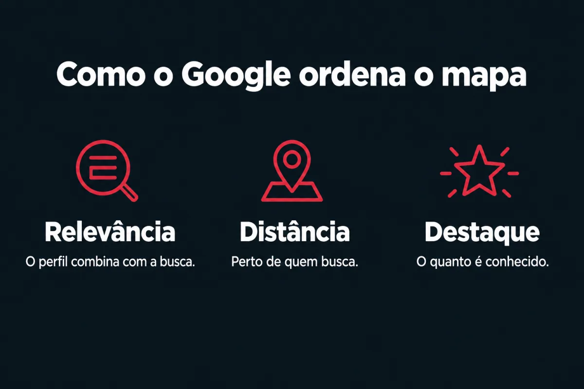 Como o Google ordena o mapa, em três critérios. Relevância: o perfil combina com a busca. Distância: perto de quem busca. Destaque: o quanto é conhecido.