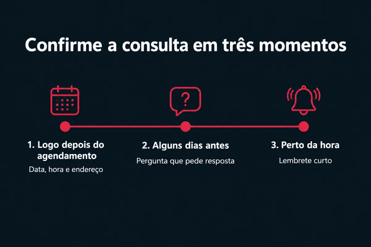 Confirme a consulta em três momentos. 1. Logo depois do agendamento: data, hora e endereço. 2. Alguns dias antes: pergunta que pede resposta. 3. Perto da hora: lembrete curto.
