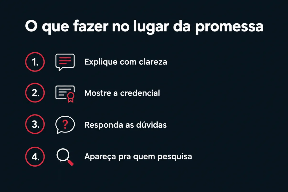 O que fazer no lugar da promessa, em quatro frentes: 1. Explique com clareza. 2. Mostre a credencial. 3. Responda as dúvidas. 4. Apareça pra quem pesquisa.