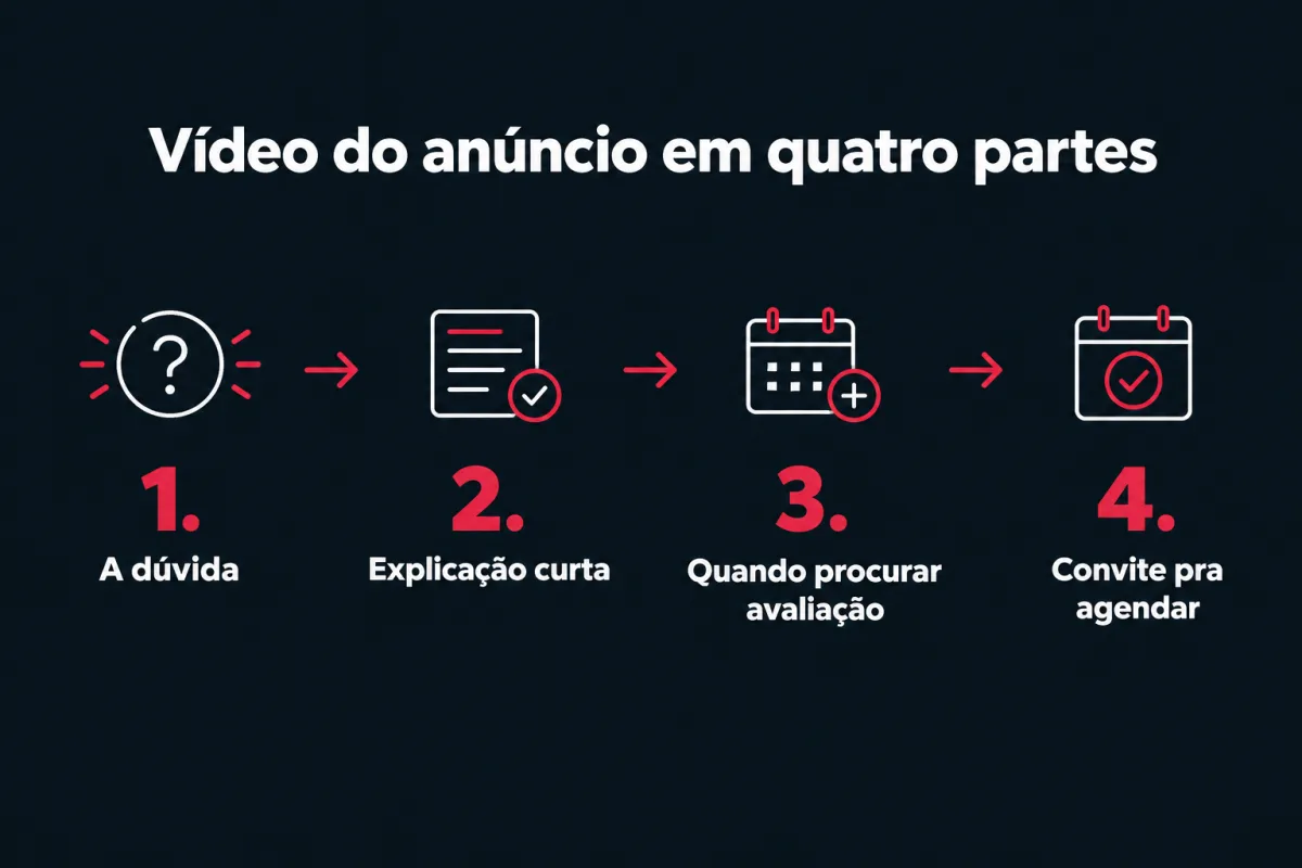 Vídeo do anúncio em quatro partes: 1. a dúvida; 2. explicação curta; 3. quando procurar avaliação; 4. convite pra agendar.
