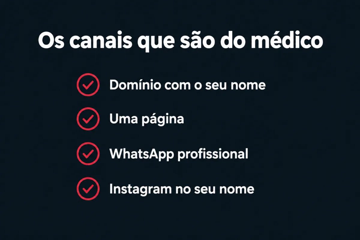 Os canais que são do médico, e não da clínica: domínio com o seu nome, uma página, WhatsApp profissional e Instagram no seu nome.