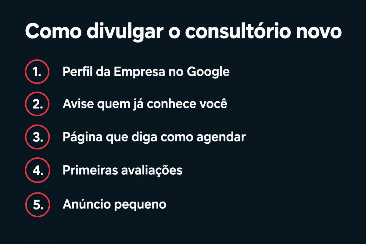 Como divulgar o consultório novo em cinco passos: 1. Perfil da Empresa no Google; 2. avise quem já conhece você; 3. página que diga como agendar; 4. primeiras avaliações; 5. anúncio pequeno.