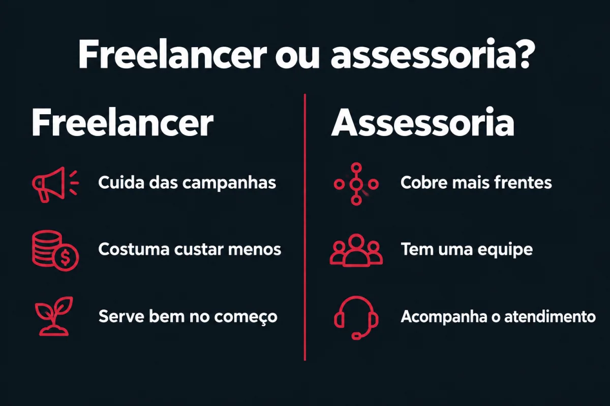 Comparação. Freelancer: cuida das campanhas, costuma custar menos, serve bem no começo. Assessoria: cobre mais frentes, tem uma equipe, acompanha o atendimento.