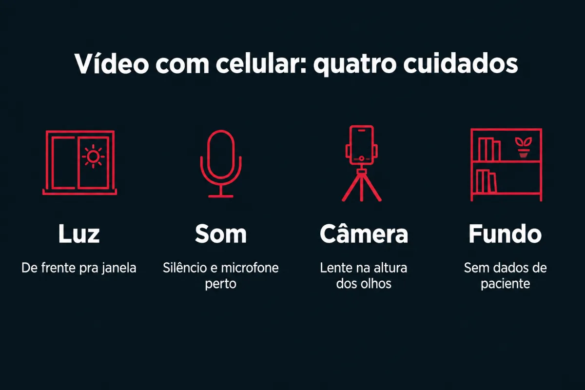 Vídeo com celular, quatro cuidados. Luz: de frente pra janela. Som: silêncio e microfone perto. Câmera: lente na altura dos olhos. Fundo: sem dados de paciente.