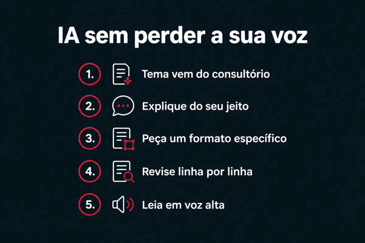 IA sem perder a sua voz, em cinco passos: 1. tema vem do consultório; 2. explique do seu jeito; 3. peça um formato específico; 4. revise linha por linha; 5. leia em voz alta.