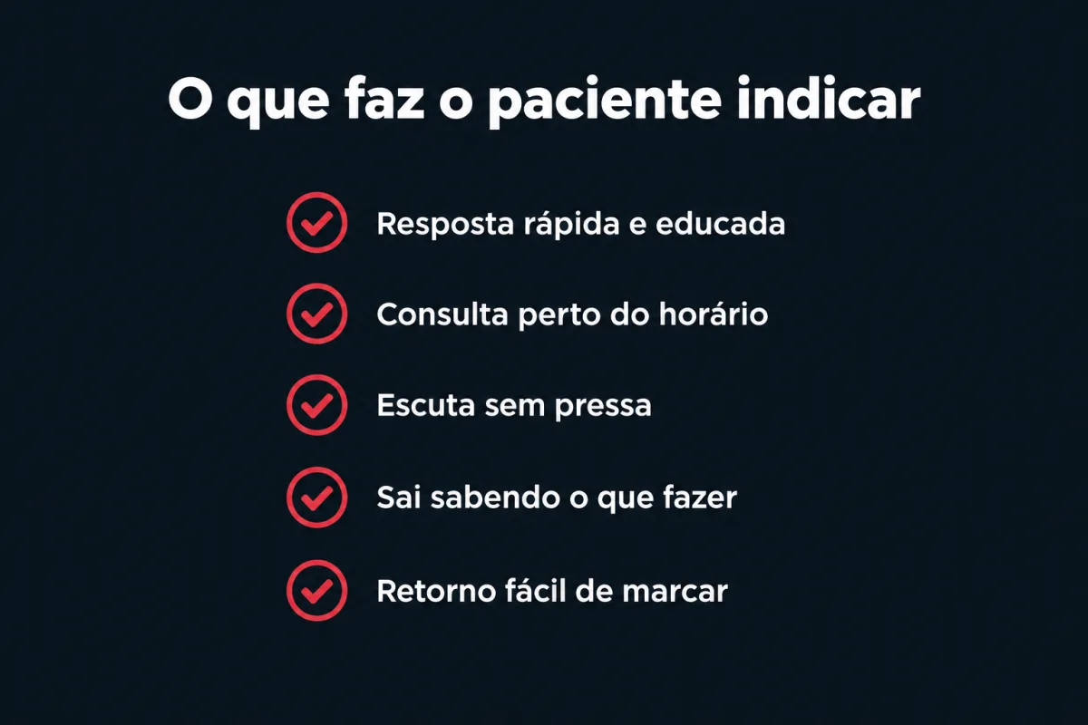 O que faz o paciente indicar: resposta rápida e educada, consulta perto do horário, escuta sem pressa, sair sabendo o que fazer e retorno fácil de marcar.