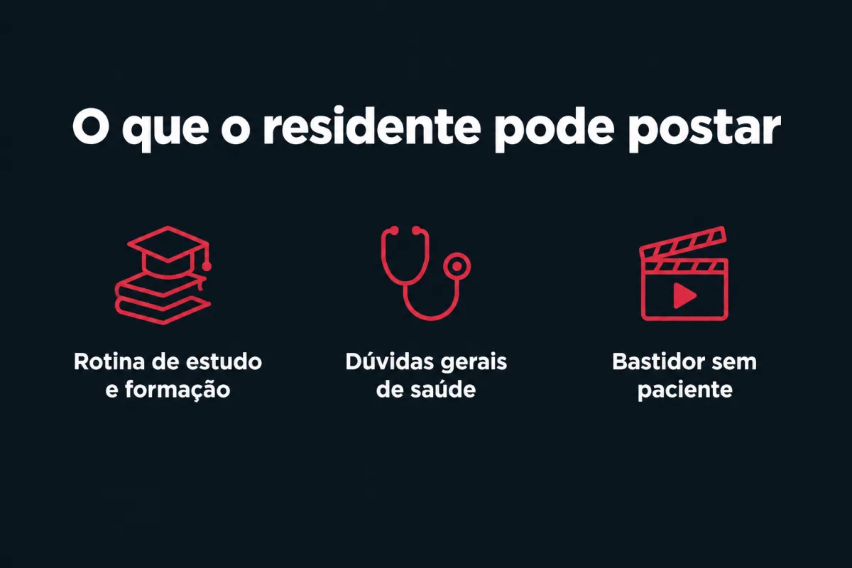O que o residente pode postar: rotina de estudo e formação, dúvidas gerais de saúde e bastidor sem paciente.