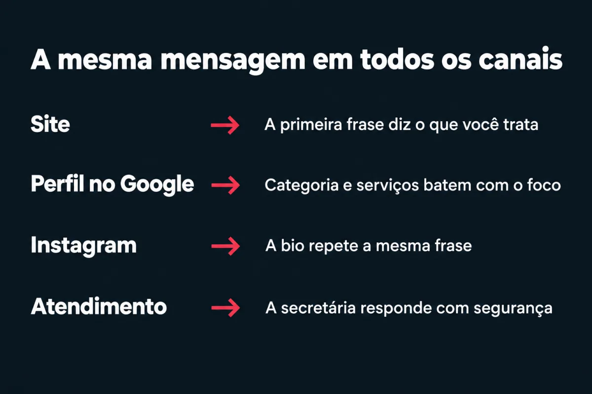 A mesma mensagem em todos os canais. Site: a primeira frase diz o que você trata. Perfil no Google: categoria e serviços batem com o foco. Instagram: a bio repete a mesma frase. Atendimento: a secretária responde com segurança.