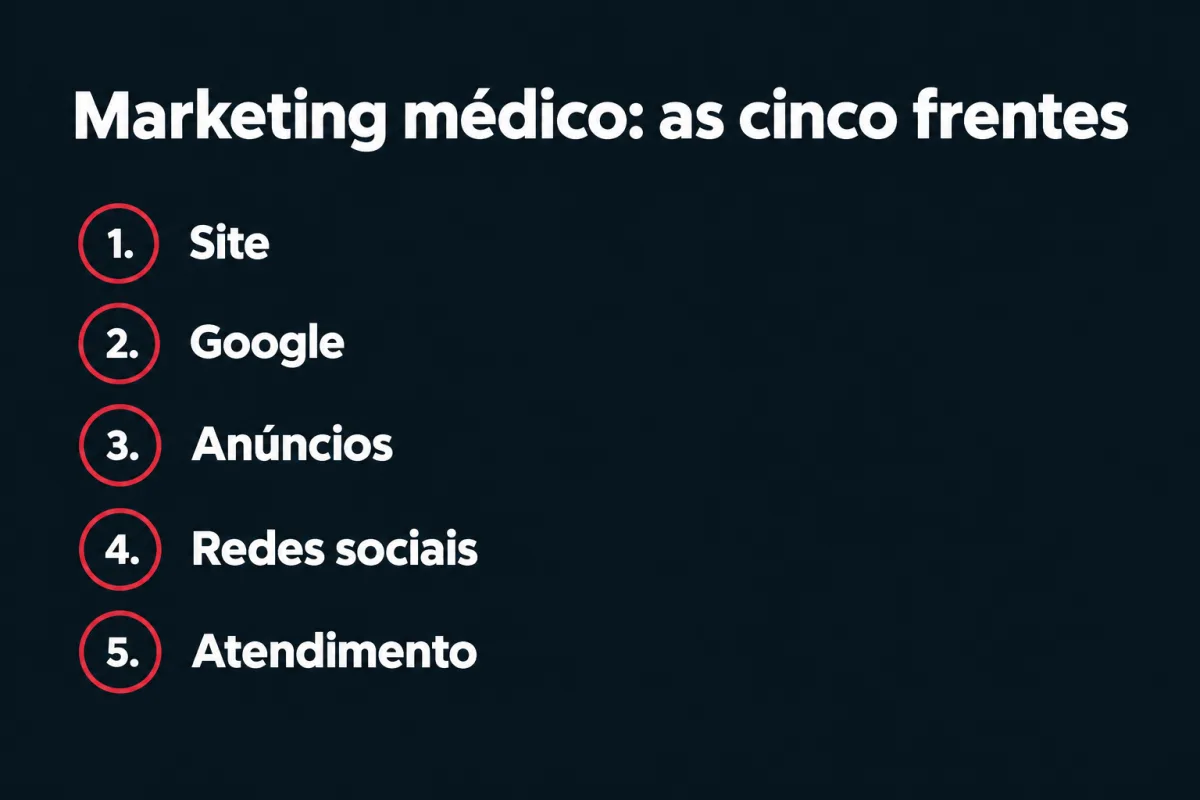 Marketing médico, as cinco frentes: 1. site; 2. Google; 3. anúncios; 4. redes sociais; 5. atendimento.
