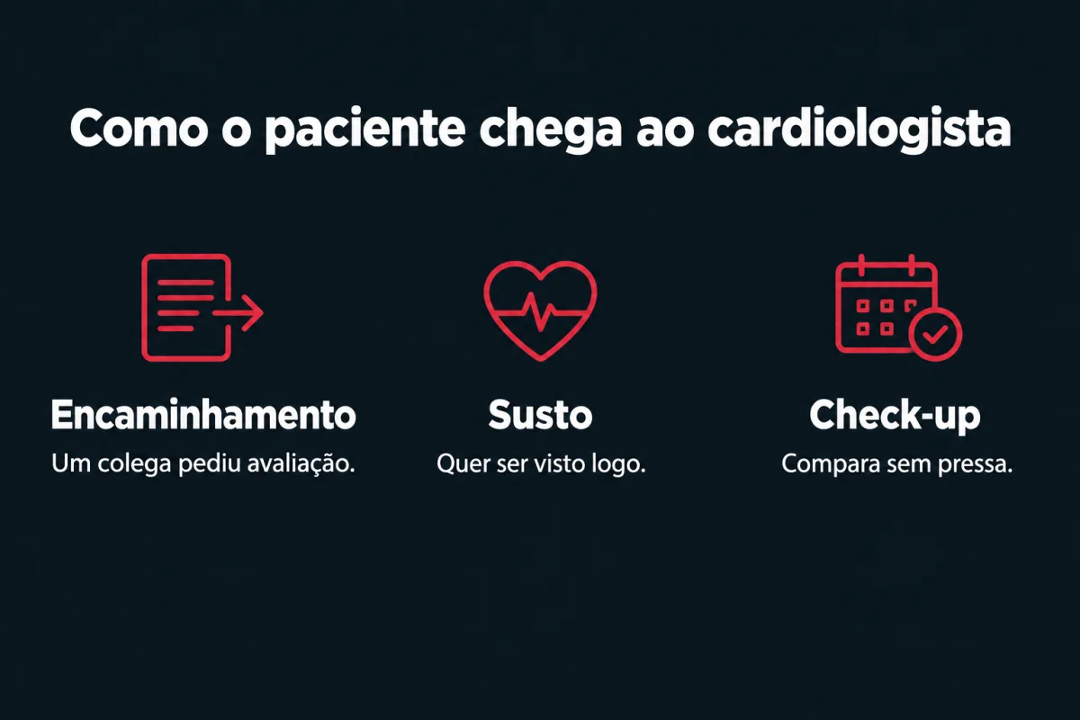Como o paciente chega ao cardiologista, em três caminhos. Encaminhamento: um colega pediu avaliação. Susto: quer ser visto logo. Check-up: compara sem pressa.