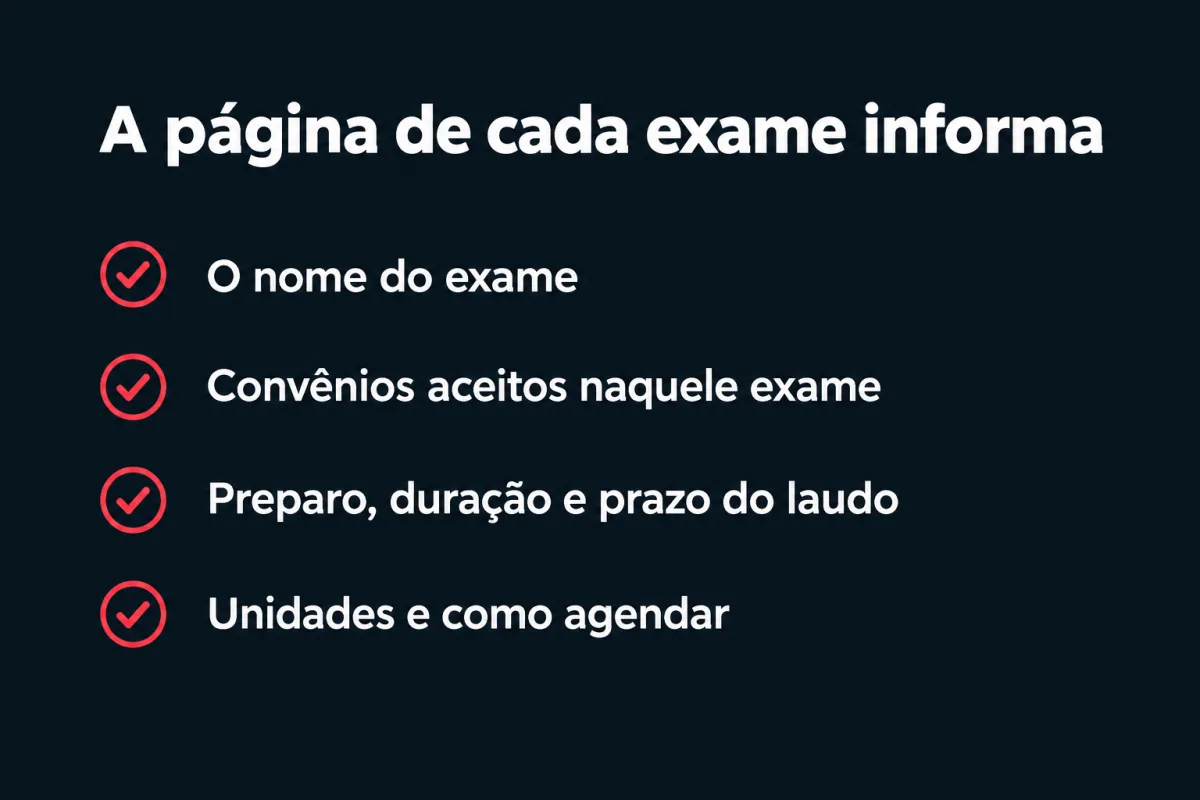 O que a página de cada exame informa: o nome do exame, os convênios aceitos naquele exame, preparo, duração e prazo do laudo, unidades e como agendar.