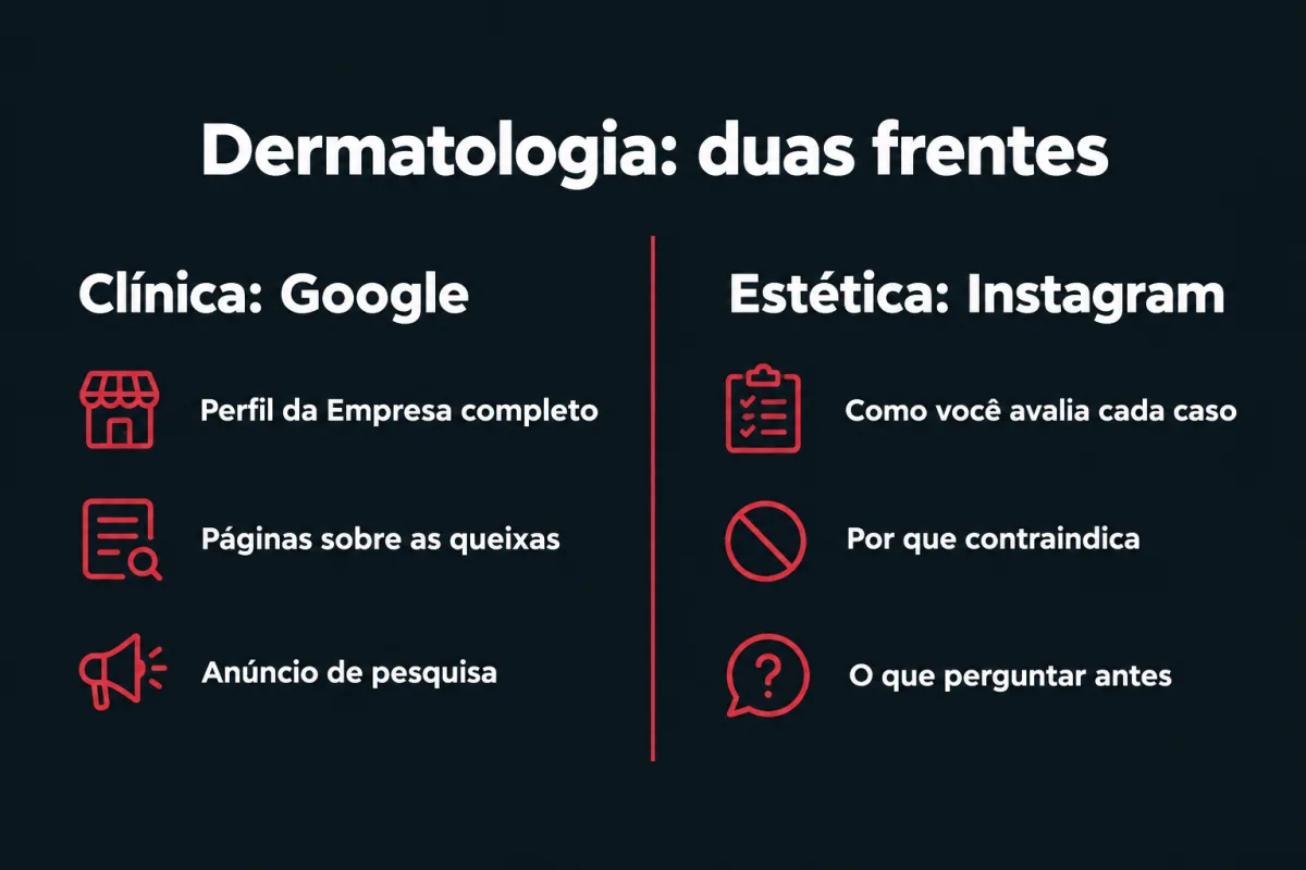 As duas frentes da dermatologia. Clínica, pelo Google: Perfil da Empresa completo, páginas sobre as queixas e anúncio de pesquisa. Estética, pelo Instagram: como você avalia cada caso, por que contraindica e o que perguntar antes.