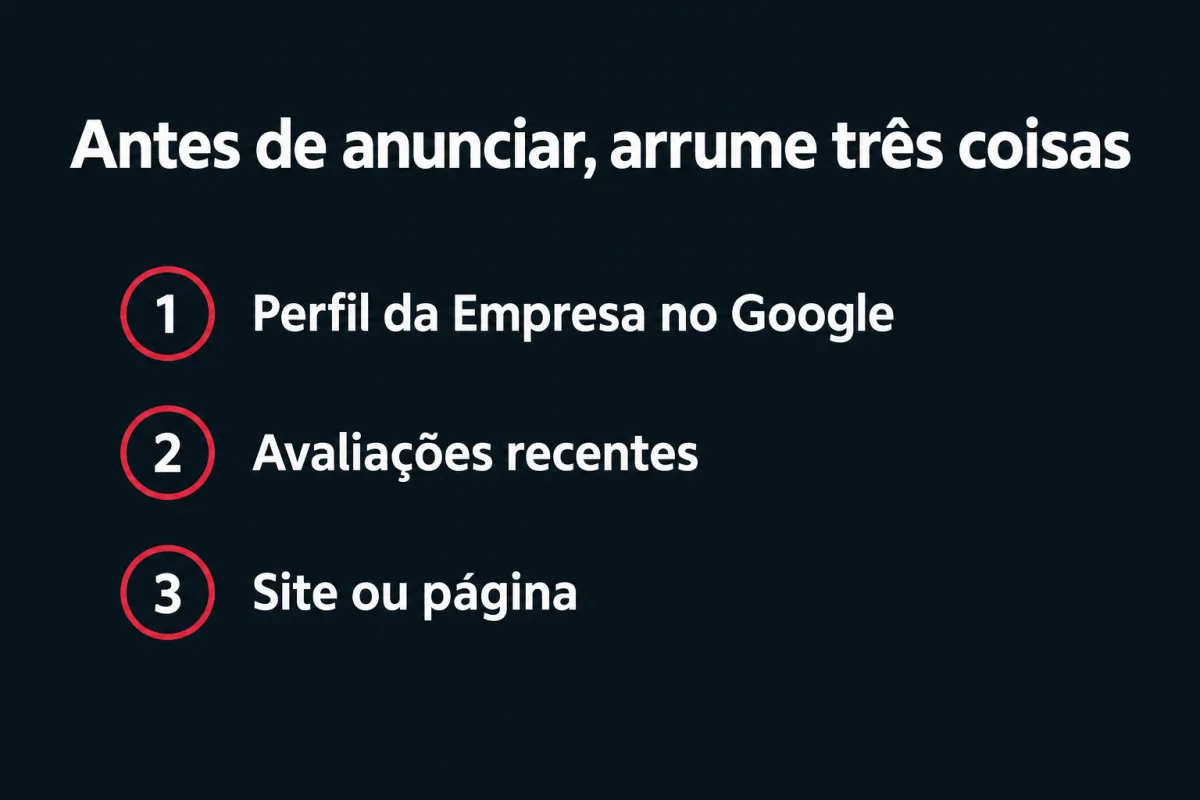 Antes de anunciar, arrume três coisas: 1. Perfil da Empresa no Google; 2. avaliações recentes; 3. site ou página.