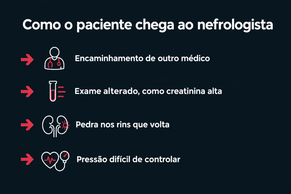 Como o paciente chega ao nefrologista: encaminhamento de outro médico; exame alterado, como creatinina alta; pedra nos rins que volta; pressão difícil de controlar.