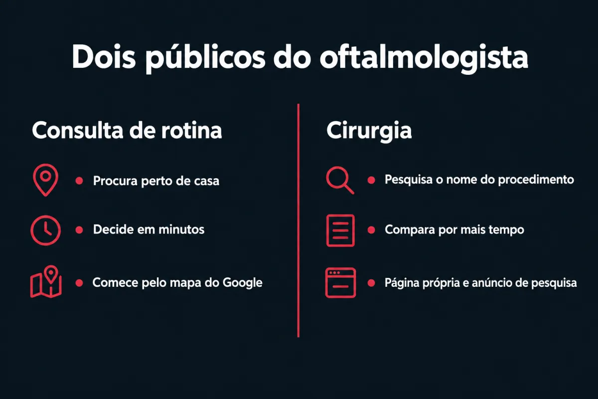 Dois públicos do oftalmologista. Consulta de rotina: procura perto de casa, decide em minutos, comece pelo mapa do Google. Cirurgia: pesquisa o nome do procedimento, compara por mais tempo, pede página própria e anúncio de pesquisa.