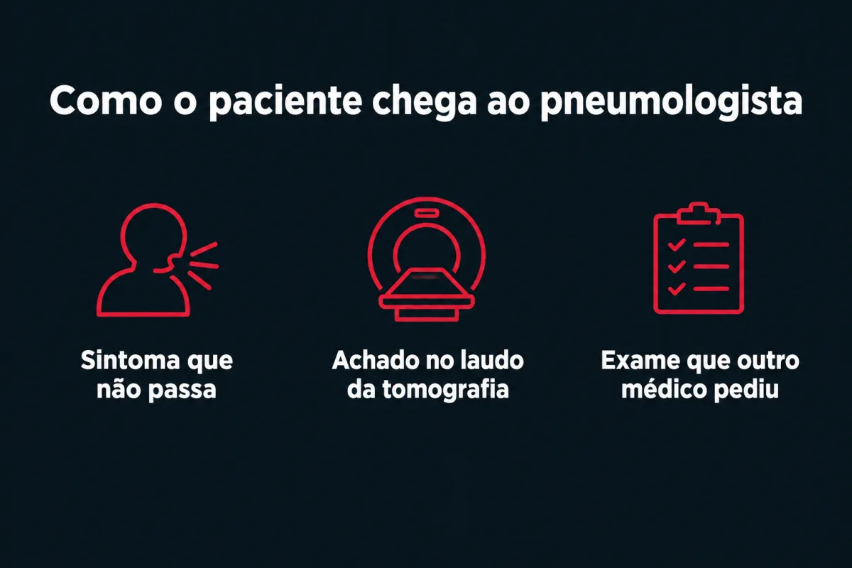 Como o paciente chega ao pneumologista, em três entradas: sintoma que não passa, achado no laudo da tomografia e exame que outro médico pediu.