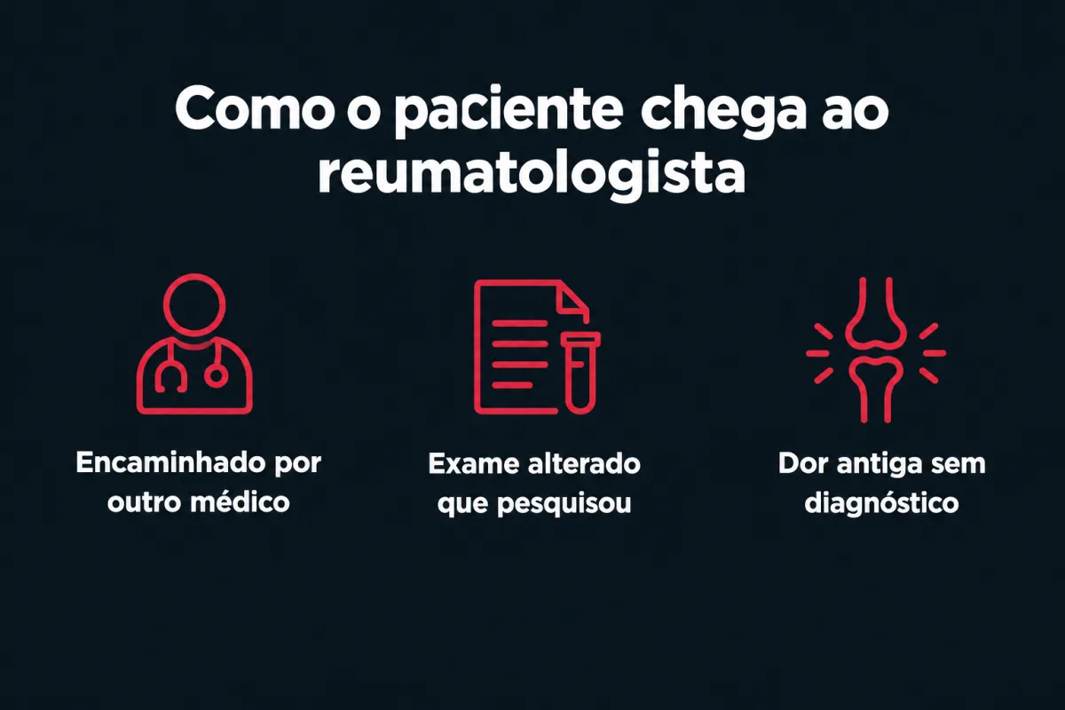Como o paciente chega ao reumatologista, em três caminhos: encaminhado por outro médico, exame alterado que pesquisou e dor antiga sem diagnóstico.