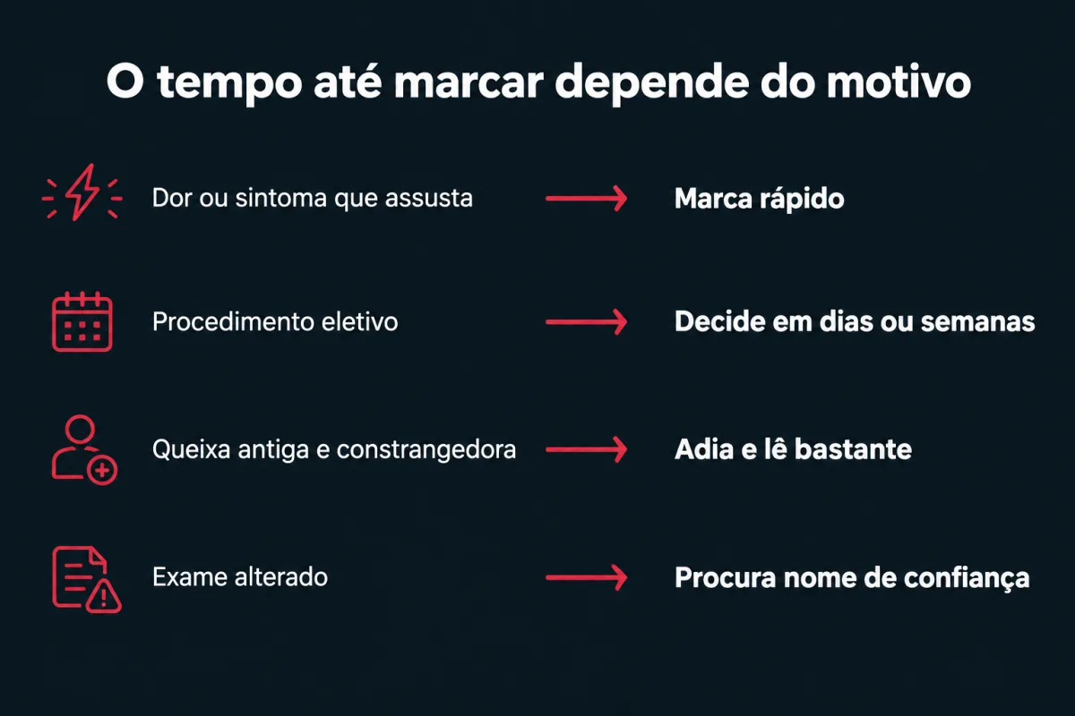 O tempo até marcar depende do motivo. Dor ou sintoma que assusta: marca rápido. Procedimento eletivo: decide em dias ou semanas. Queixa antiga e constrangedora: adia e lê bastante. Exame alterado: procura nome de confiança.