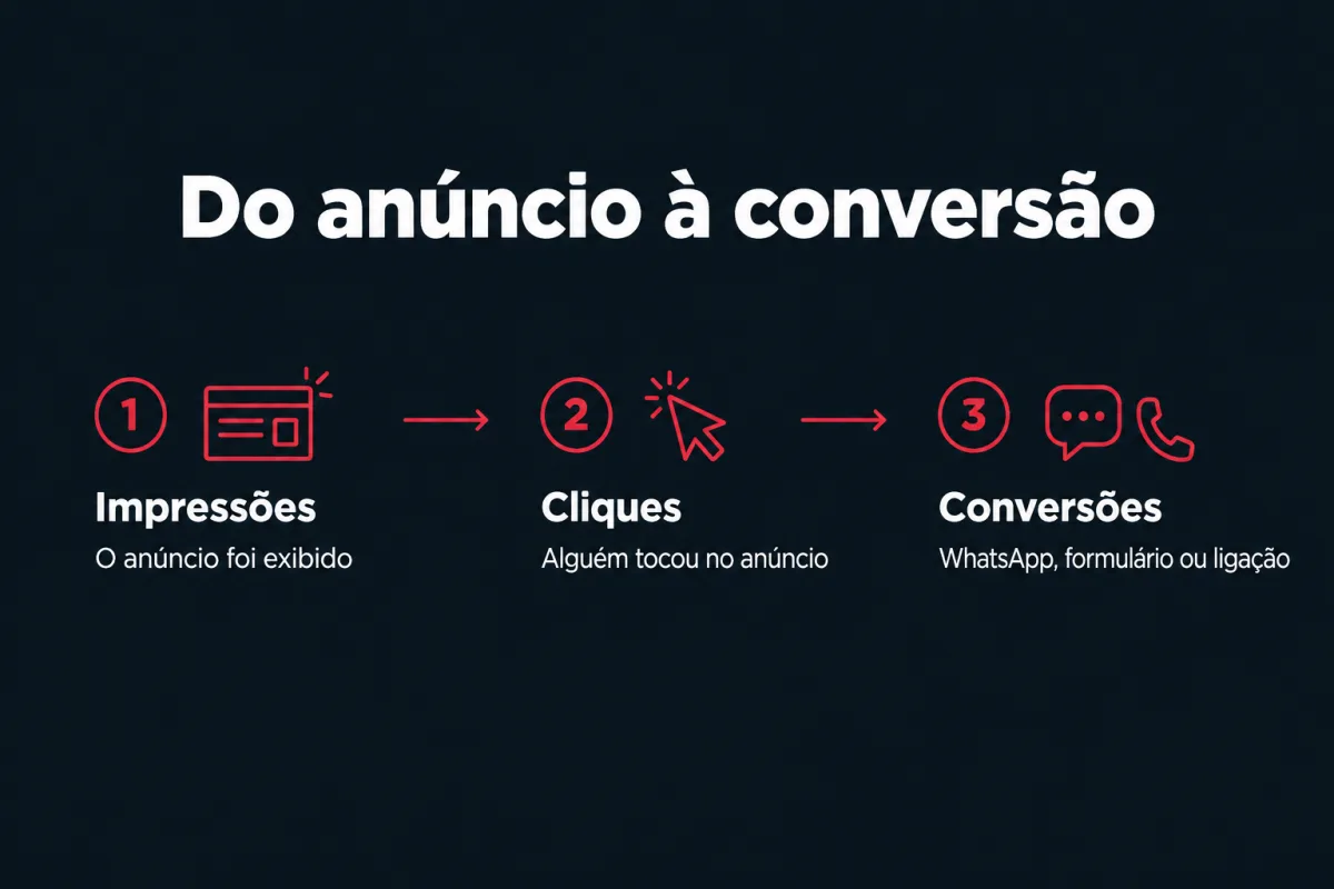 Do anúncio à conversão em três etapas. 1, impressões: o anúncio foi exibido. 2, cliques: alguém tocou no anúncio. 3, conversões: WhatsApp, formulário ou ligação.