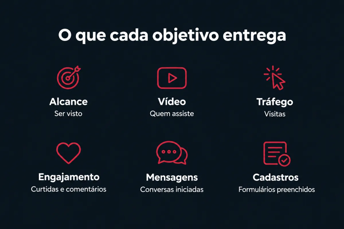 O que cada objetivo de campanha entrega. Alcance: ser visto. Vídeo: quem assiste. Tráfego: visitas. Engajamento: curtidas e comentários. Mensagens: conversas iniciadas. Cadastros: formulários preenchidos.