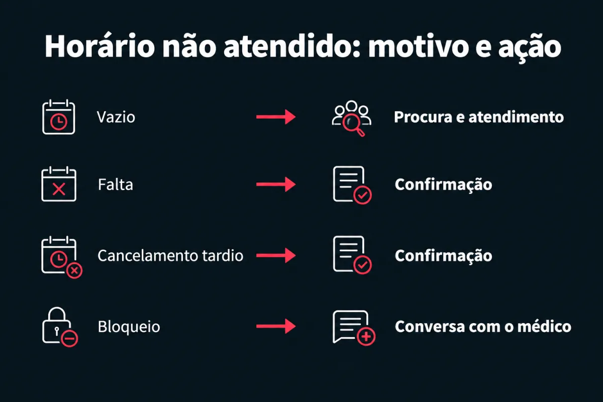 Horário não atendido, motivo e ação. Vazio: procura e atendimento. Falta: confirmação. Cancelamento tardio: confirmação. Bloqueio: conversa com o médico.