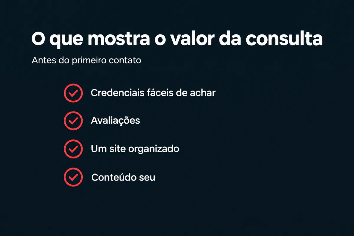 O que mostra o valor da consulta antes do primeiro contato: credenciais fáceis de achar, avaliações, um site organizado e conteúdo seu.