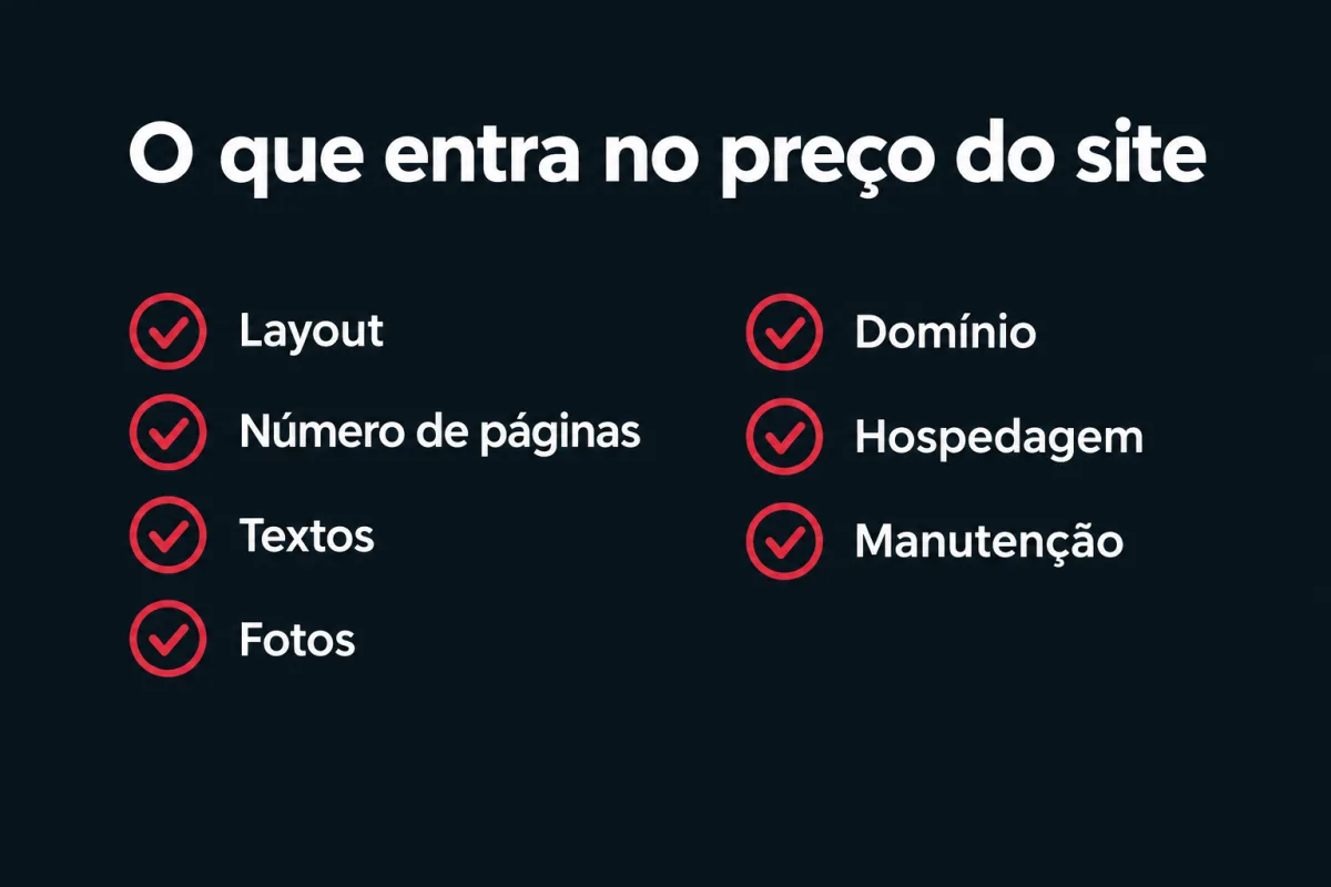 O que entra no preço do site, em sete itens: layout, número de páginas, textos, fotos, domínio, hospedagem e manutenção.