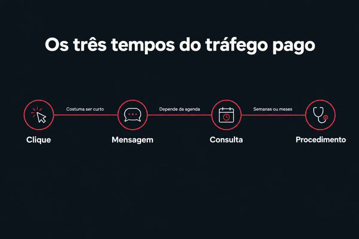 Os três tempos do tráfego pago, em linha do tempo. Do clique até a mensagem: costuma ser curto. Da mensagem até a consulta: depende da agenda. Da consulta até o procedimento: semanas ou meses.