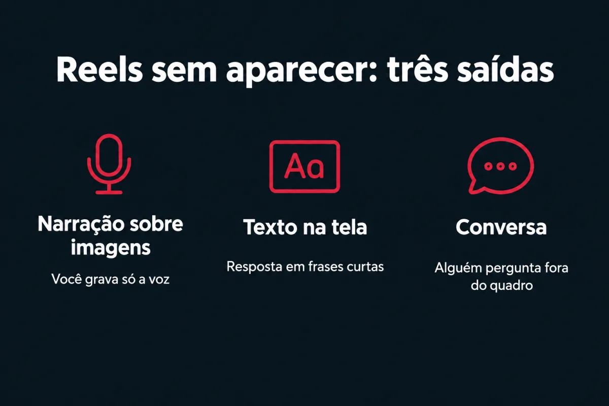 Reels sem aparecer, três saídas. Narração sobre imagens: você grava só a voz. Texto na tela: resposta em frases curtas. Conversa: alguém pergunta fora do quadro.