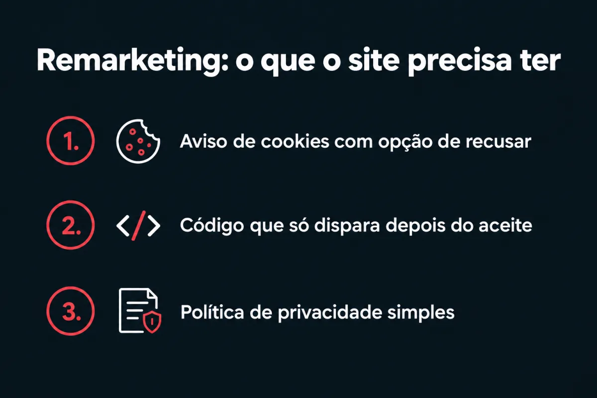 Remarketing, o que o site precisa ter: 1. aviso de cookies com opção de recusar; 2. código que só dispara depois do aceite; 3. política de privacidade simples.