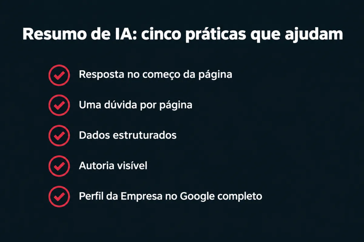 Resumo de IA, cinco práticas que ajudam a ser citado: resposta no começo da página, uma dúvida por página, dados estruturados, autoria visível e Perfil da Empresa no Google completo.