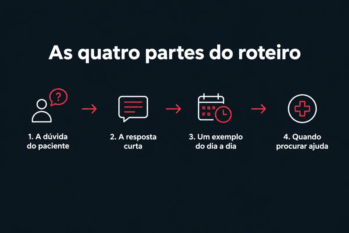 As quatro partes do roteiro de vídeo, em sequência: 1. A dúvida do paciente. 2. A resposta curta. 3. Um exemplo do dia a dia. 4. Quando procurar ajuda.