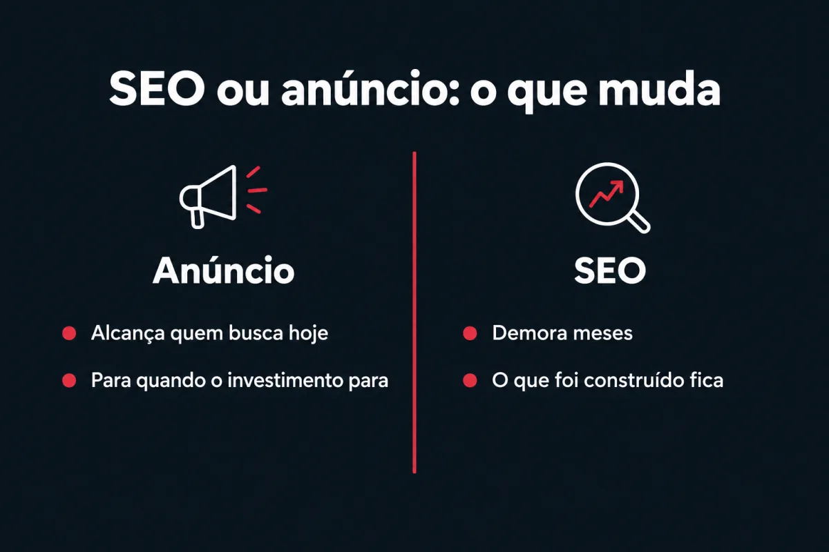 SEO ou anúncio, o que muda. Anúncio: alcança quem busca hoje e para quando o investimento para. SEO: demora meses, e o que foi construído fica.