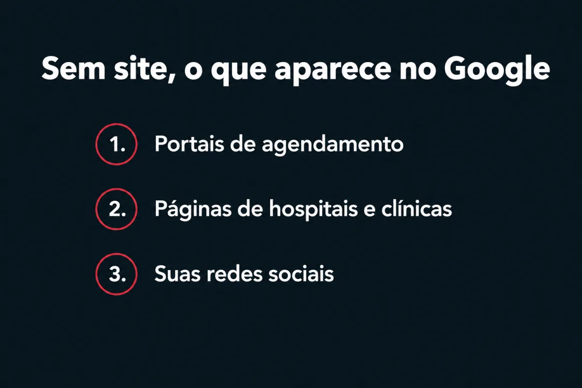 Sem site, o que aparece no Google quando pesquisam o nome do médico: 1. Portais de agendamento. 2. Páginas de hospitais e clínicas. 3. Suas redes sociais.