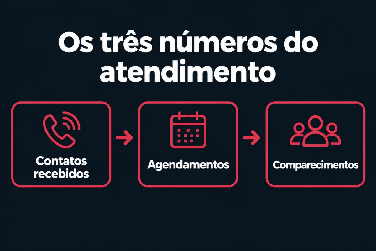 Os três números do atendimento: contatos recebidos, agendamentos e comparecimentos.